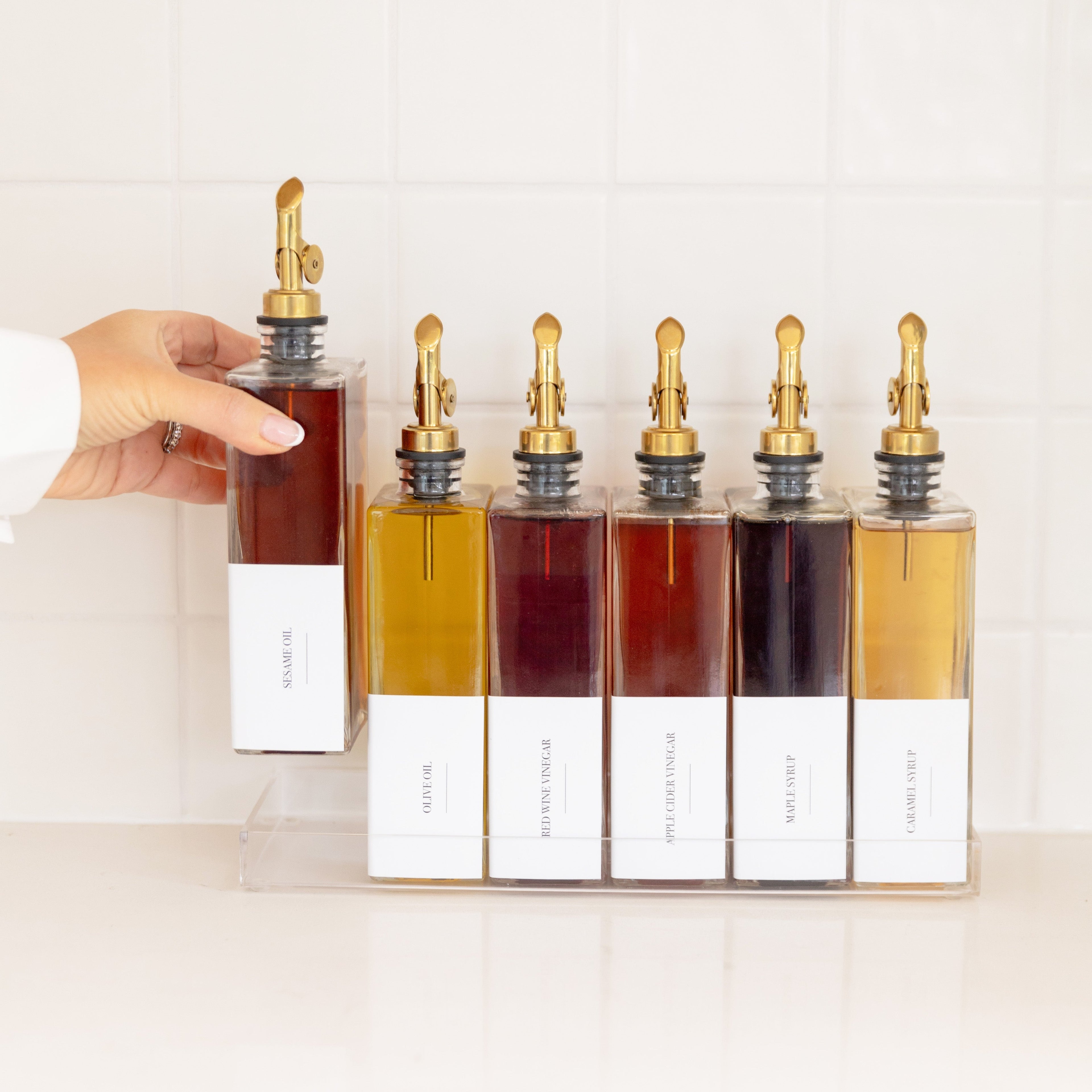 Oil & Vinegar Book Bottles with Acrylic Tray - 6 Pack - Little Label Co The Home of Organisation For Kitchen, Bathroom, Laundry & More