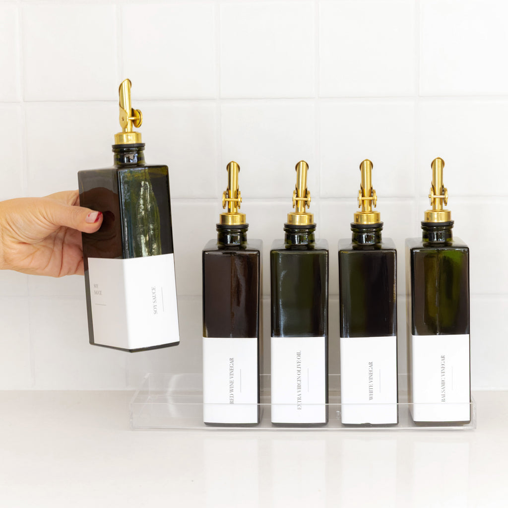 Green Oil & Vinegar Book Bottles with Acrylic Tray - 5 Pack - Little Label Co Australia - The Home of Organisation For Kitchen, Bathroom, Laundry & More