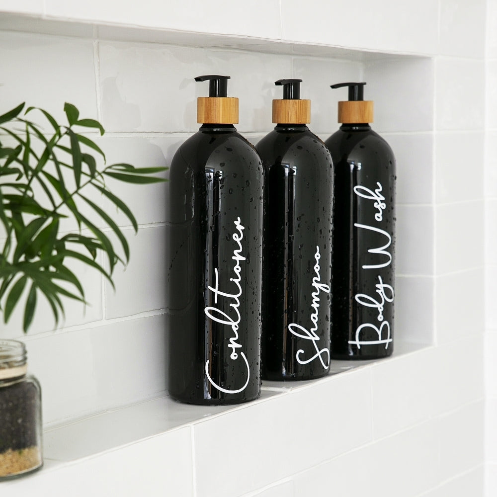 Black Bathroom Pump Bottle - 1L - Little Label Co The Home of Organisation For Kitchen, Bathroom, Laundry & More