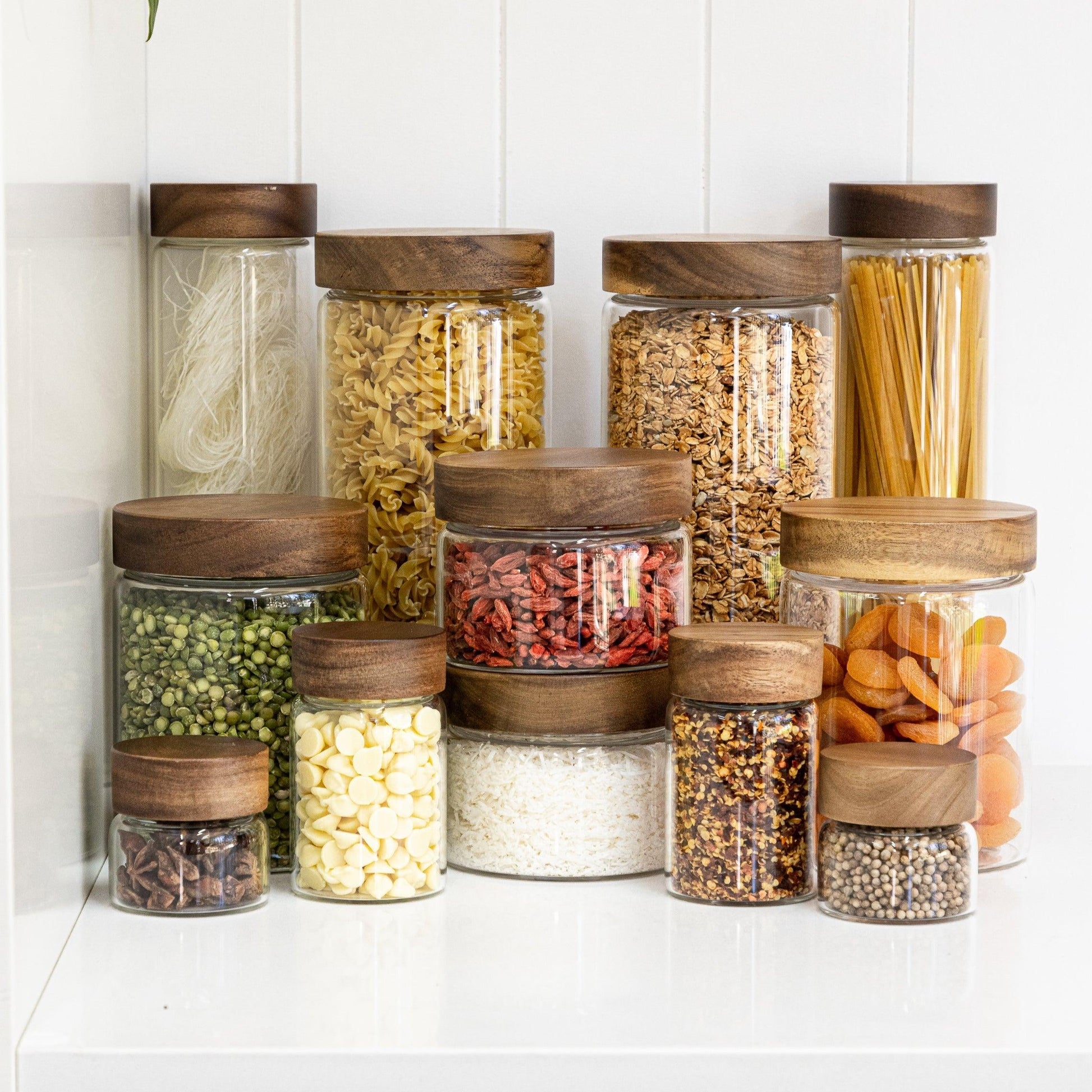 Acacia Wood Glass Jar 1L - Little Label Co - - 30%, Acacia Storage Jars, Acacia Wood, Food Storage Containers, Kitchen Organisation, Pantry Organisation