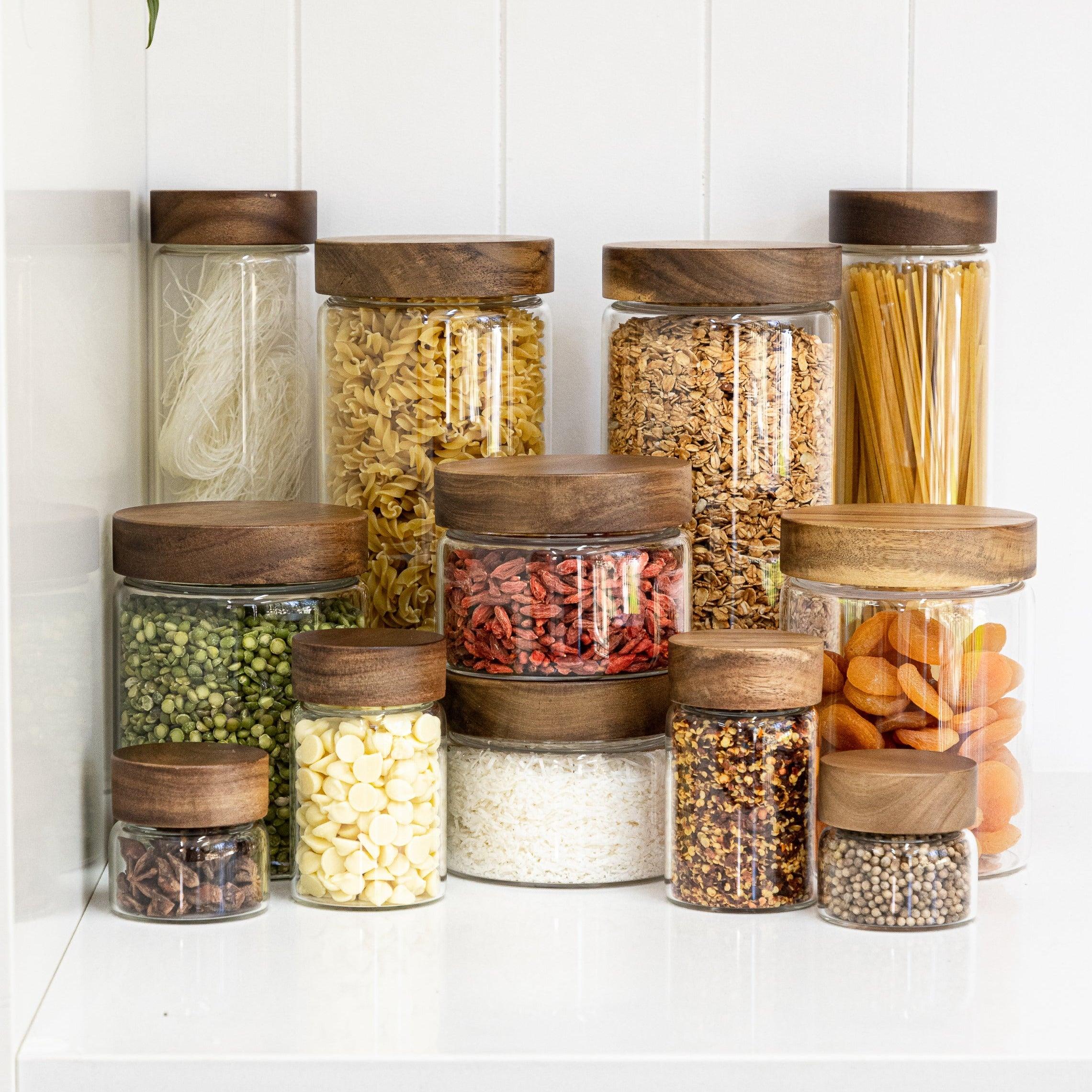 Acacia Wood Glass Jar 500ml - Little Label Co - - 30%, Acacia Storage Jars, Acacia Wood, Food Storage Containers, Glass Storage, Kitchen Organisation, Pantry Organisation
