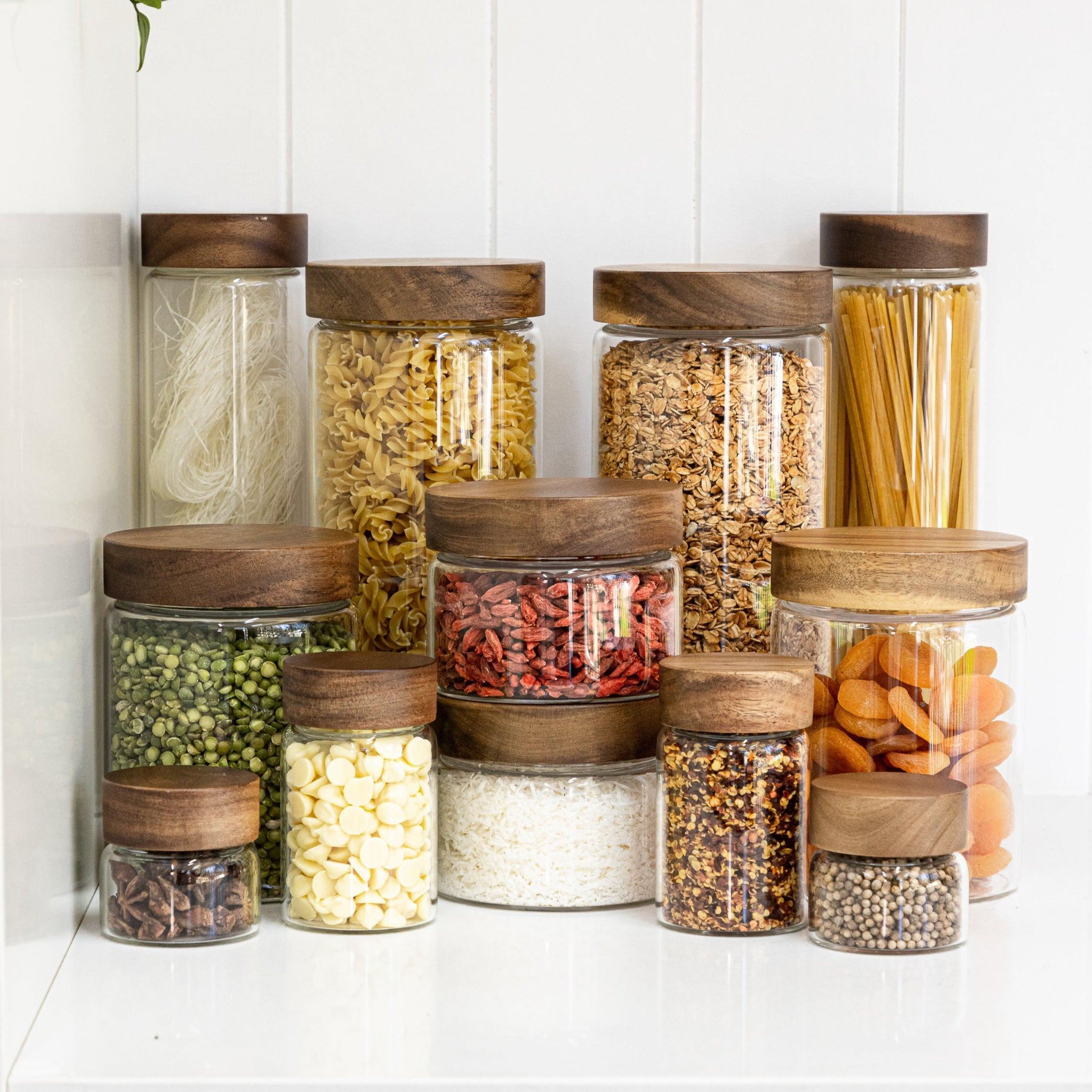 Acacia Wood Glass Pasta Jar 1.2L - Little Label Co - - 30%, Acacia Storage Jars, Acacia Wood, Food Storage Containers, Glass Storage, Kitchen Organisation, Pantry Organisation, Pasta Jar