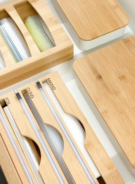 Bamboo Food Wrap Dispenser 3 Inserts - Little Label Co - Drawer organiser Drawer organisers Drawer Dividers Draw dividers Kitchen organisation, Bench-top Organisation, Food Wrap Dispenser, Kitchen Organisation, Kitchen Storage, Pantry Organisation