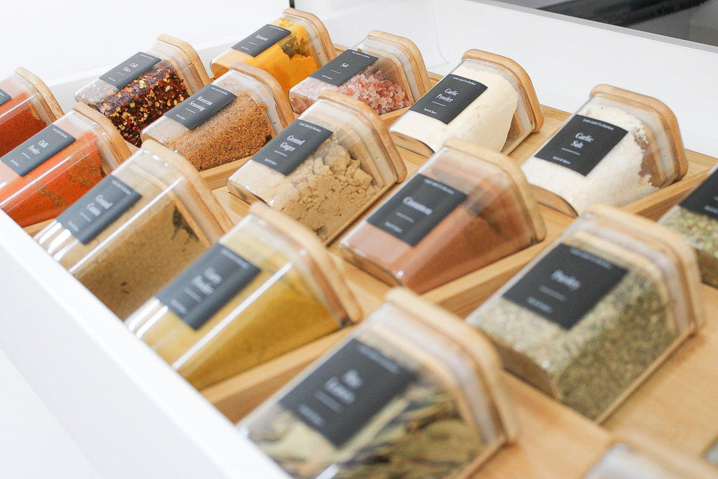 Bamboo Herb & Spice Drawer Organiser - Little Label Co - Spice Organizers - Drawer organiser Drawer organisers Drawer Dividers Draw dividers Herb & Spice Organisation Kitchen organisation