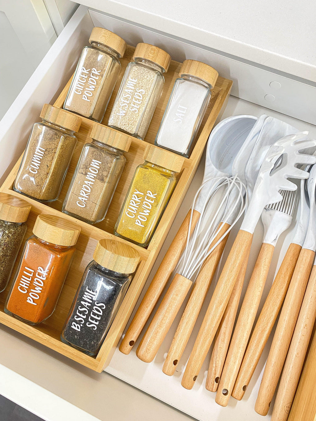 Bamboo Herb & Spice Drawer Organiser - Little Label Co - Spice Organizers - Drawer organiser Drawer organisers Drawer Dividers Draw dividers Herb & Spice Organisation Kitchen organisation