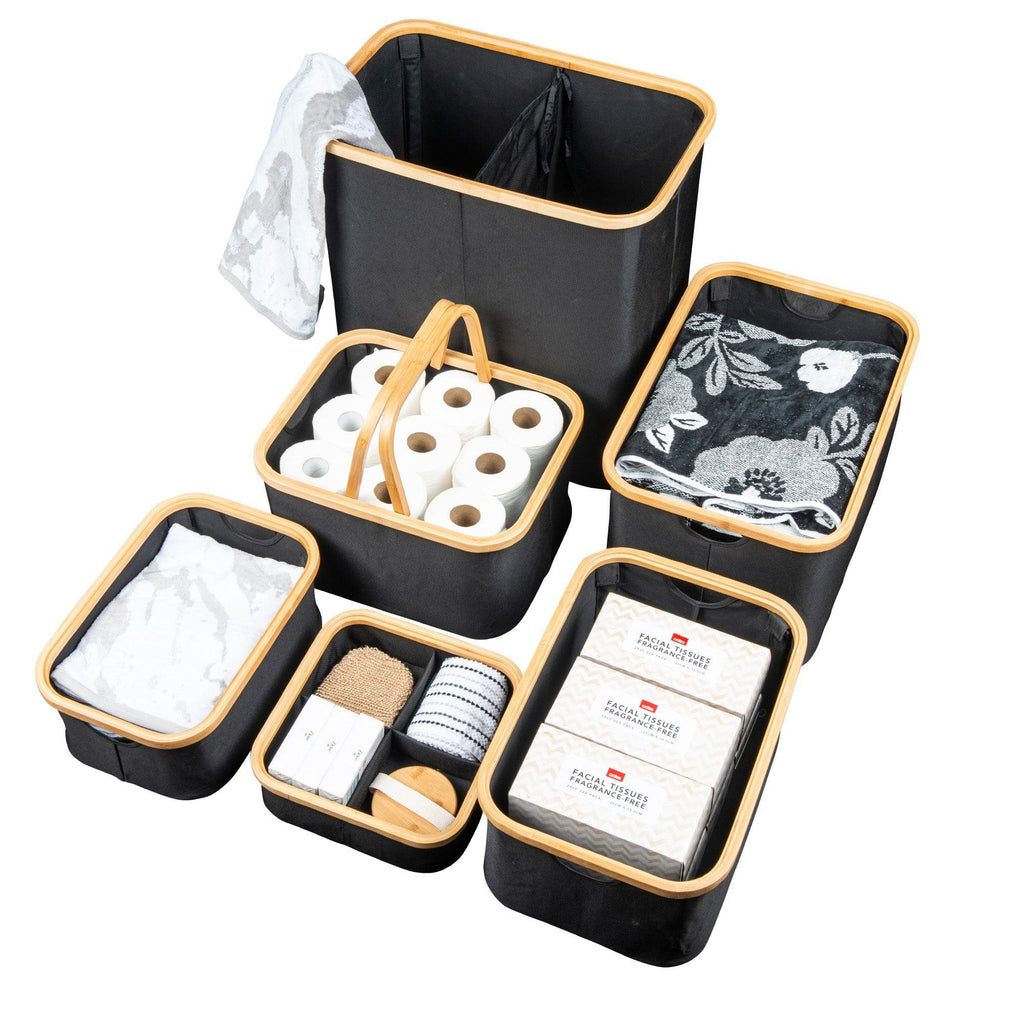 Black Fabric Bamboo Linen Storage Basket - Medium - Little Label Co - Laundry Baskets - 30%, Catchoftheday, warehouse