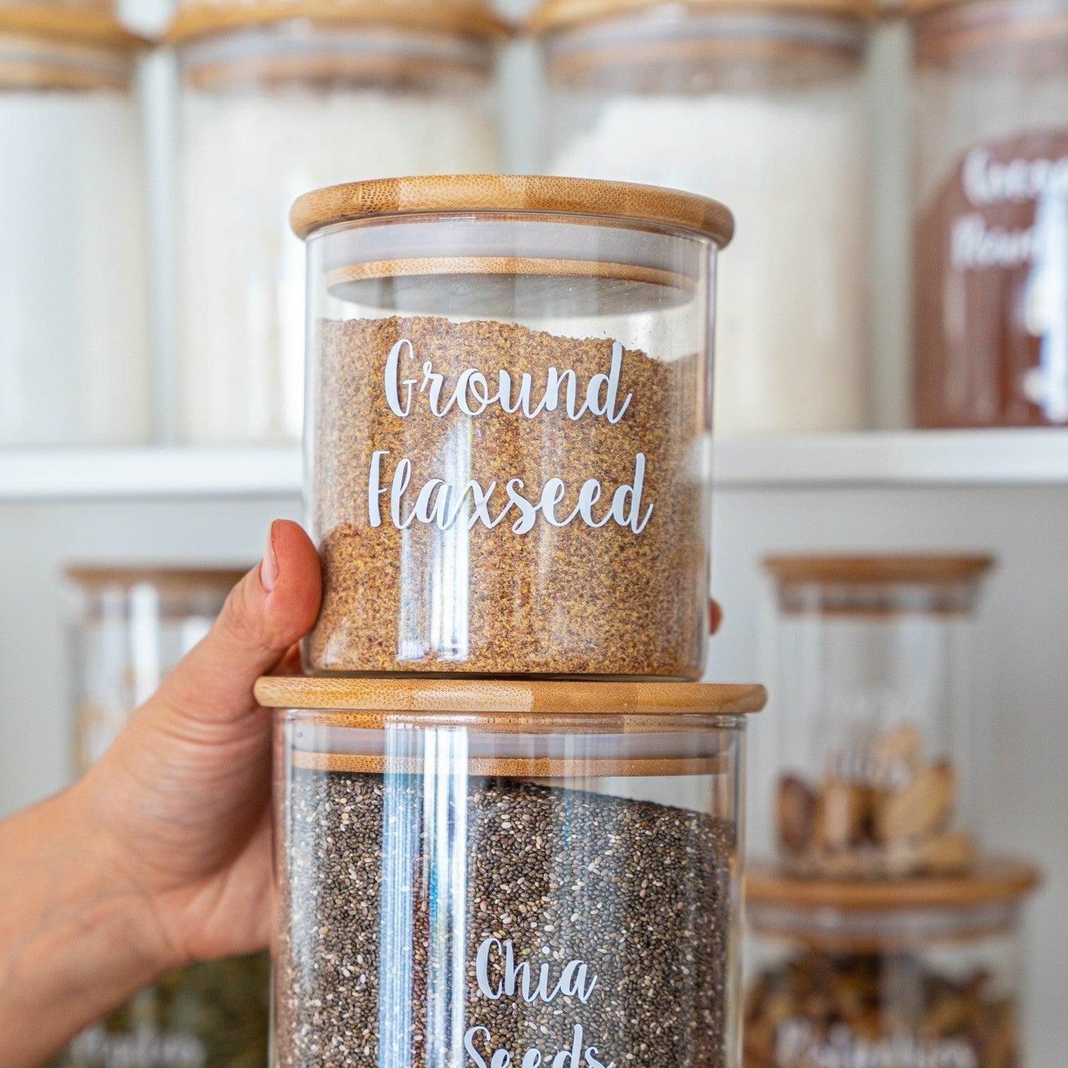 Pantry Container for food storage 500ml glass jar with bamboo lid. home organisation pantry jar