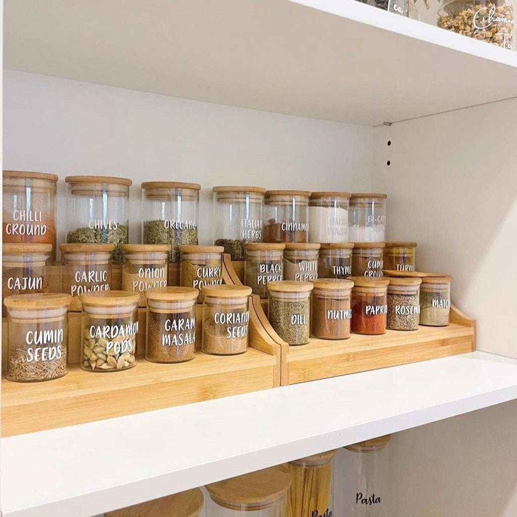 small glass Pantry Container for herb and spice storage 75ml glass jar with bamboo lid. home organisation pantry jar for spice rack 