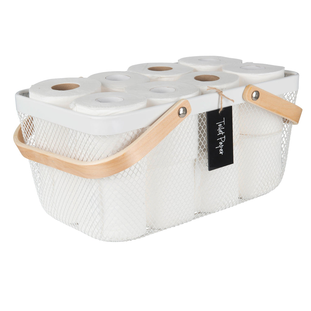 mesh metal basket with bamboo handle for home organisation, use in the kitchen, bathroom, laundry and more. 