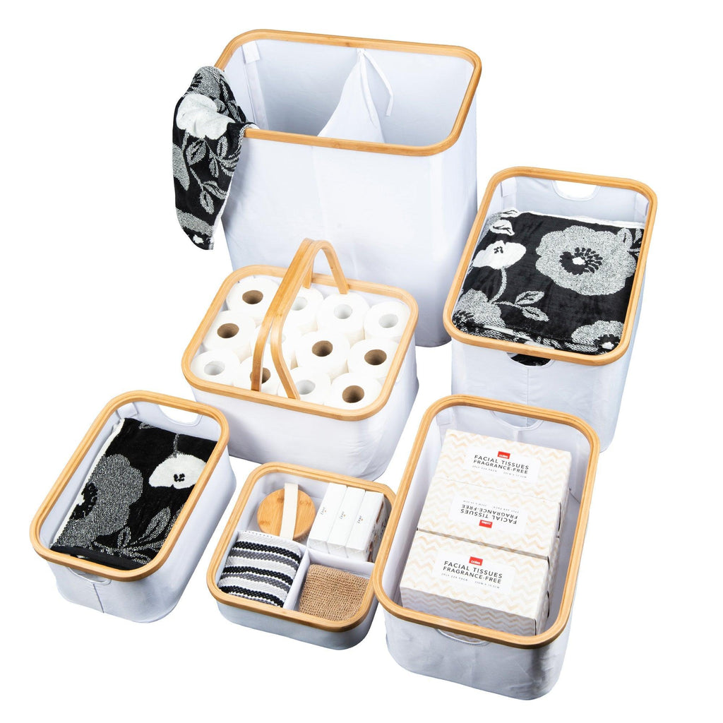 White Fabric Bamboo Linen Storage Basket - Large - Little Label Co - Laundry Baskets - 20%, Catchoftheday, warehouse