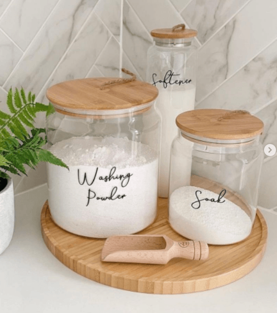 Bamboo and Glass 5 Piece Laundry Pack with Liquid Jar - Little Label Co - Laundry Detergent - Bamboo Storage Solutions, bundle, Laundry Organisation, Laundry Set, Value Packs
