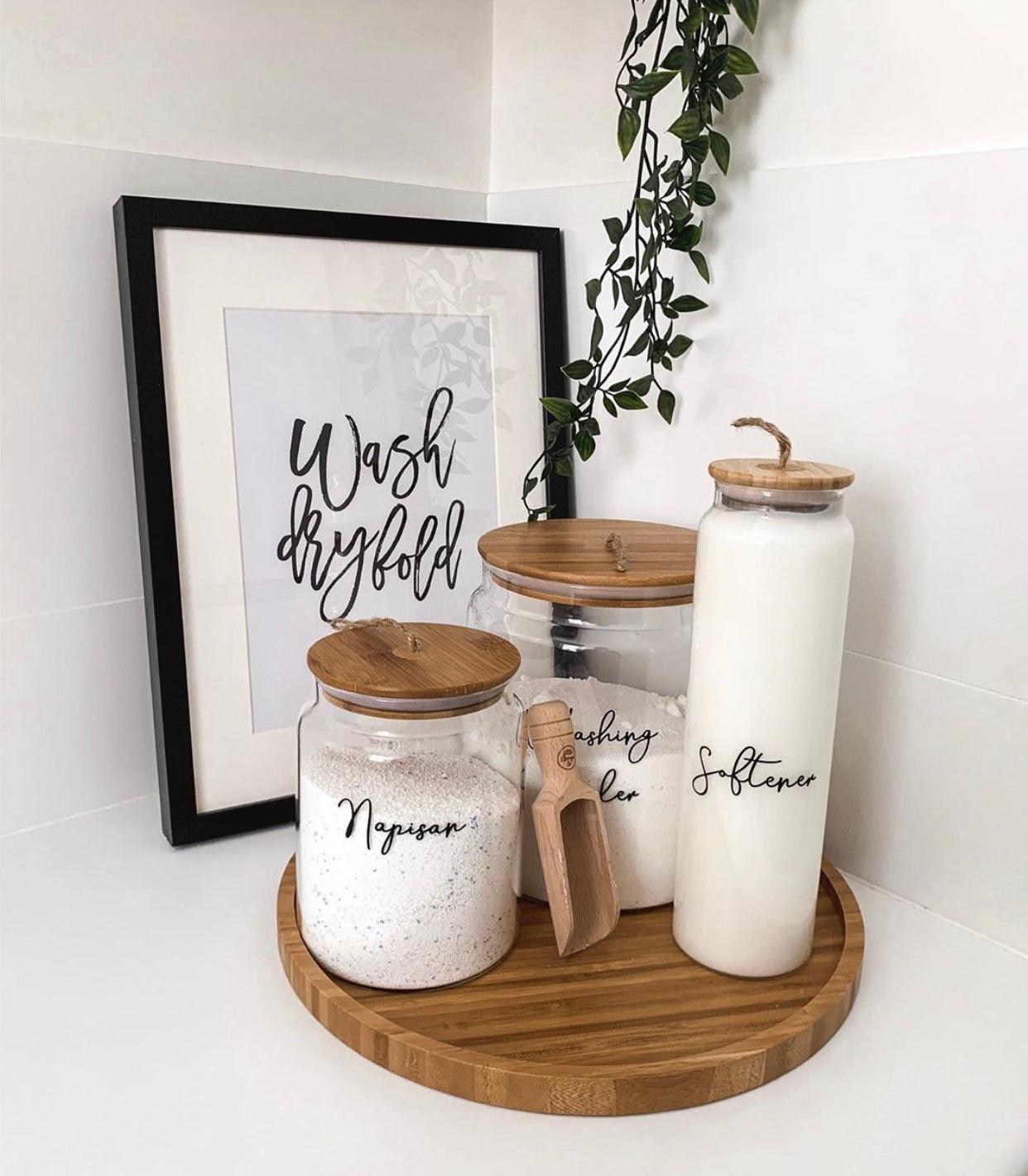 Bamboo and Glass 5 Piece Laundry Pack with Liquid Jar - Little Label Co - Laundry Detergent - Bamboo Storage Solutions, bundle, Laundry Organisation, Laundry Set, Value Packs